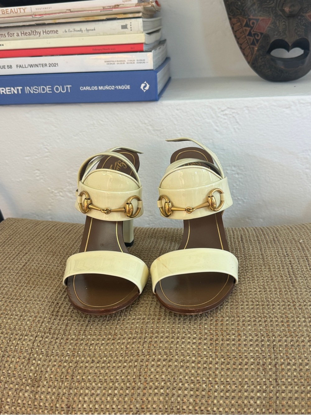 Gucci Ivory Patent Leather Horsebit Heeled Sandals 36.5